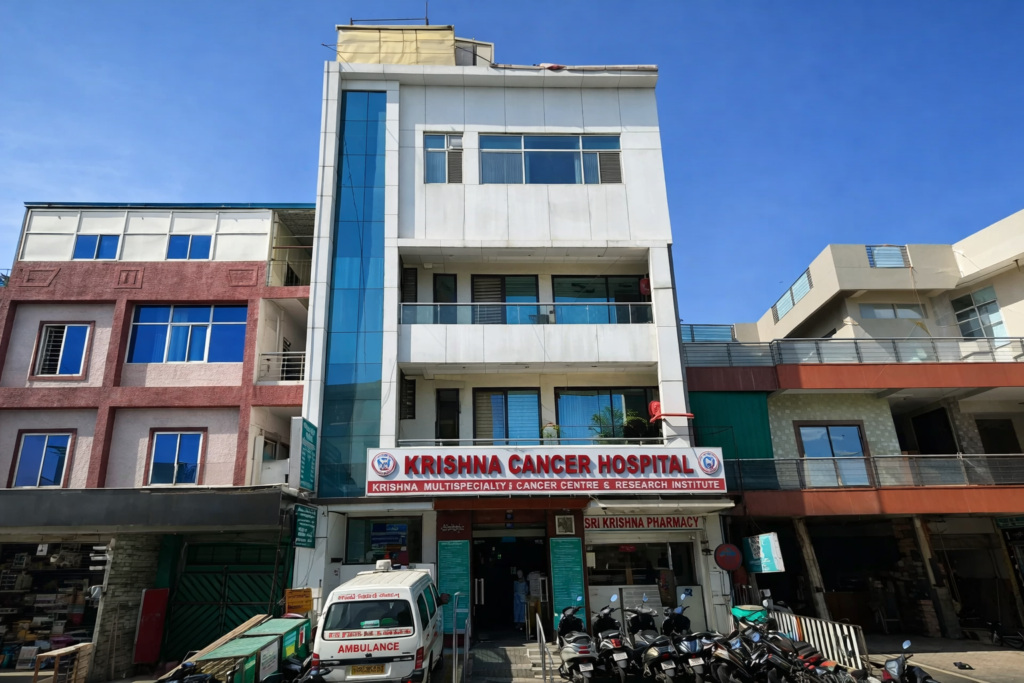 Krishna Cancer Hospital building in Bhopal providing advanced cancer treatment and oncology care.