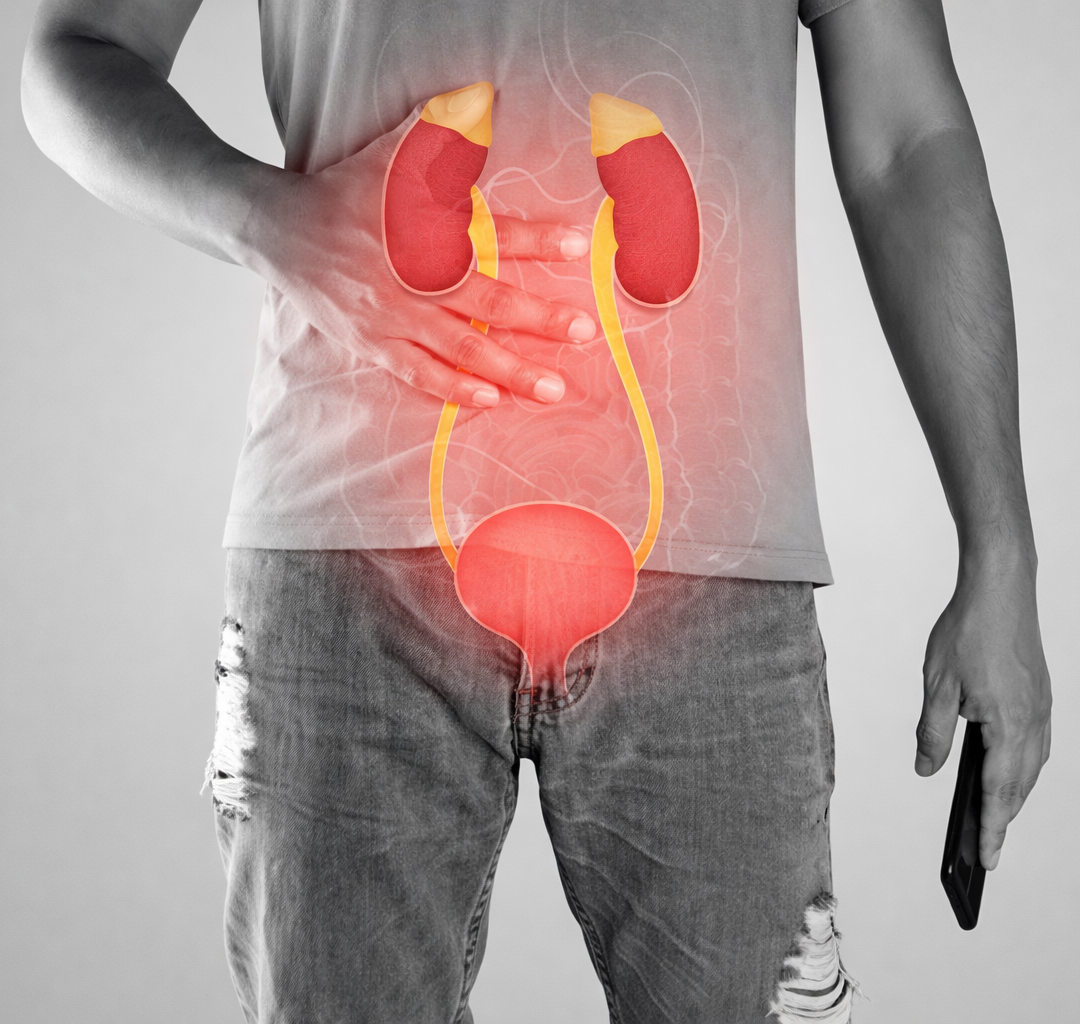 Bladder cancer illustration highlighting urinary system and bladder pain for bladder cancer treatment at Krishna Cancer Hospital Bhopal.