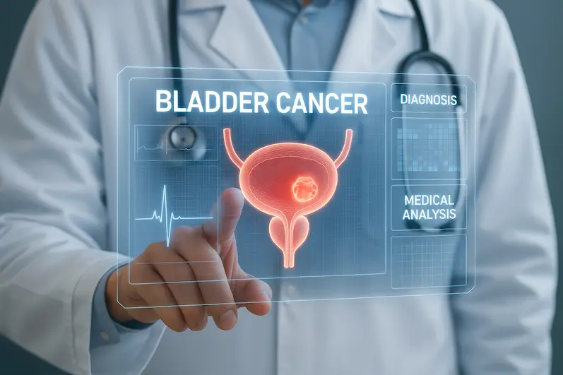 Bladder cancer diagnosis illustration showing bladder tumor and medical analysis at Krishna Cancer Hospital Bhopal.