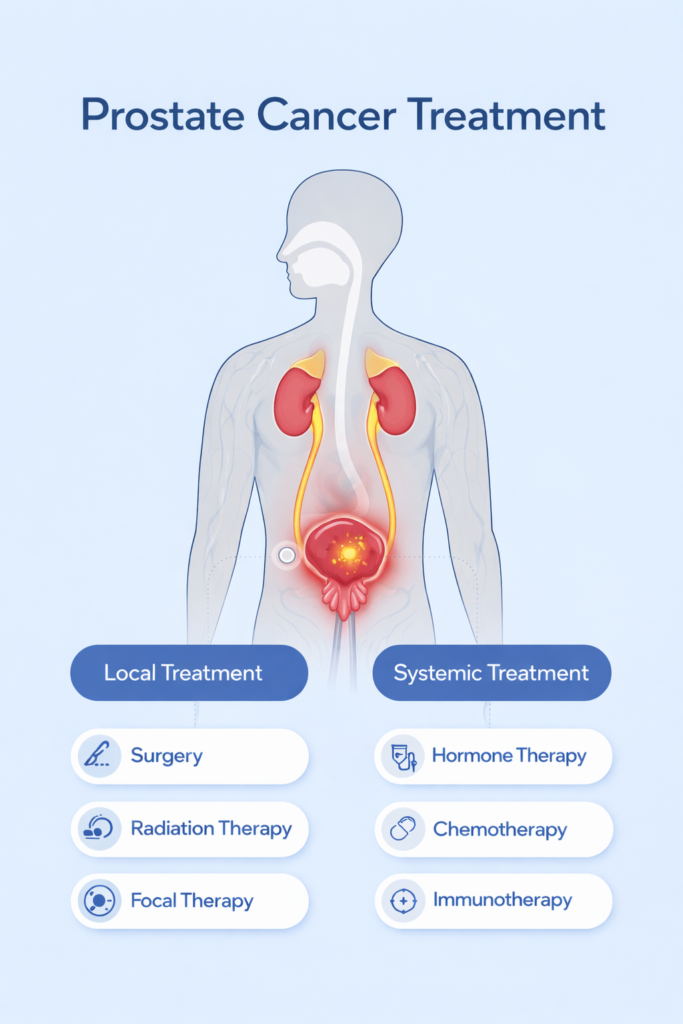 Prostate Cancer Treatment options including surgery, radiation therapy, hormone therapy, chemotherapy and immunotherapy at Krishna Cancer Hospital Bhopal.