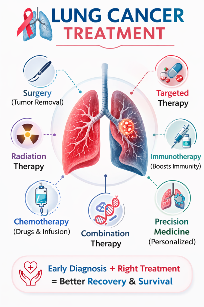 Lung cancer treatment options including surgery, radiation therapy, chemotherapy, targeted therapy, and immunotherapy at Krishna Cancer Hospital Bhopal.