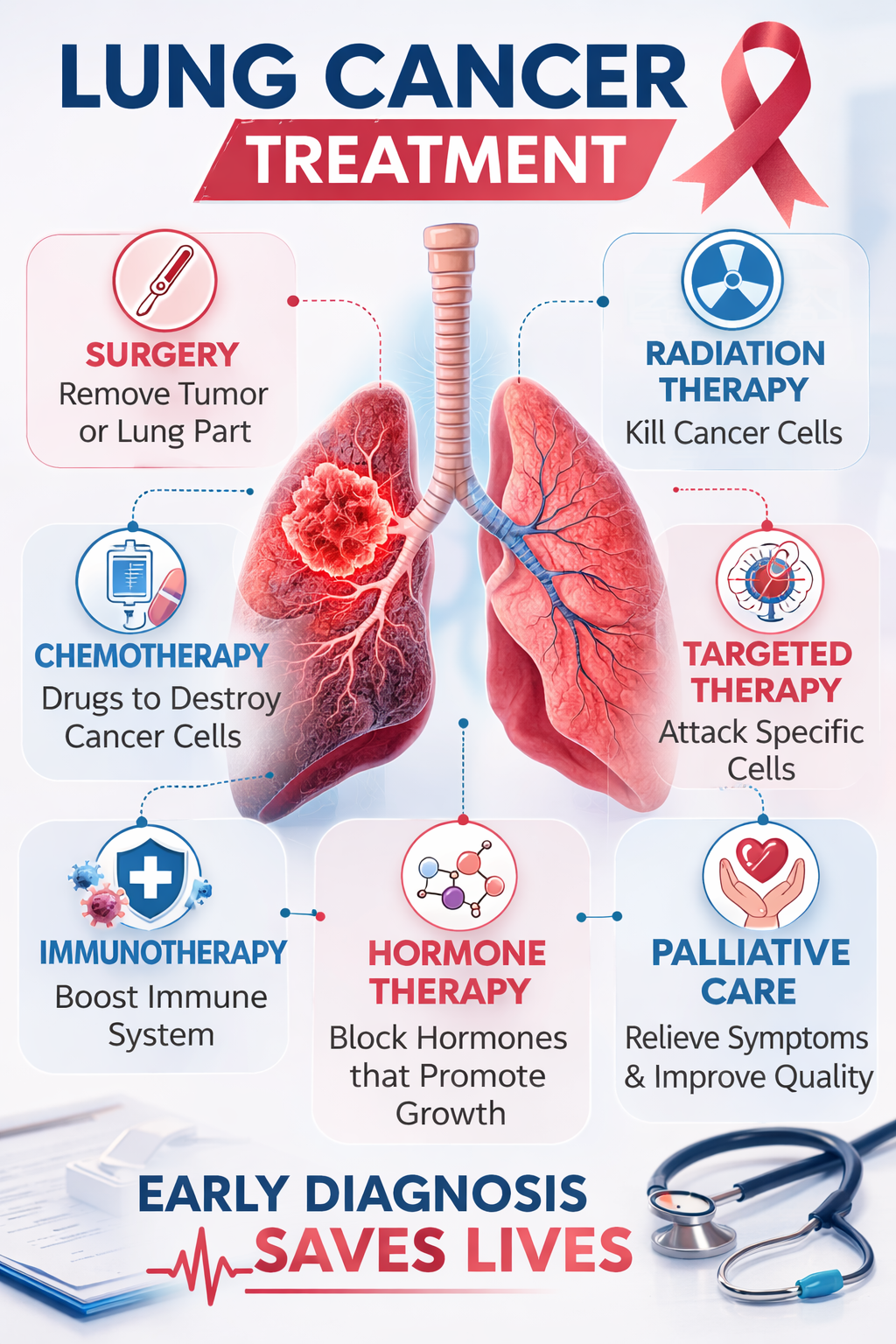 Lung cancer treatment infographic showing surgery, radiation therapy, chemotherapy, targeted therapy, and immunotherapy at Krishna Cancer Hospital Bhopal.