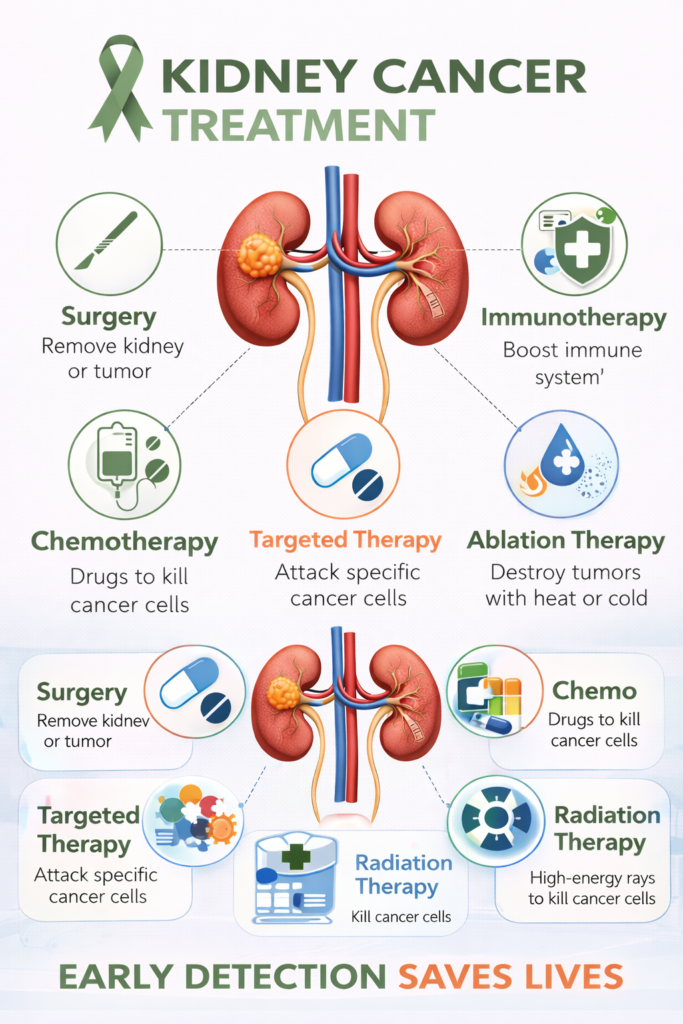Kidney cancer treatment infographic showing surgery, chemotherapy, targeted therapy, immunotherapy, and ablation therapy at Krishna Cancer Hospital Bhopal.