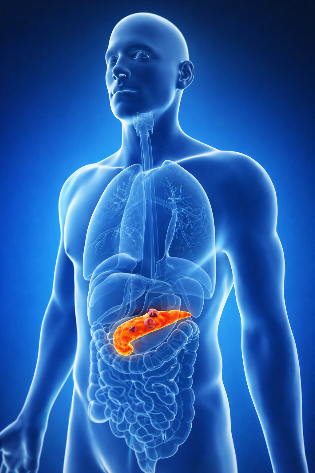 Pancreatic cancer tumor in pancreas shown in human digestive system illustration at Krishna Cancer Hospital Bhopal.