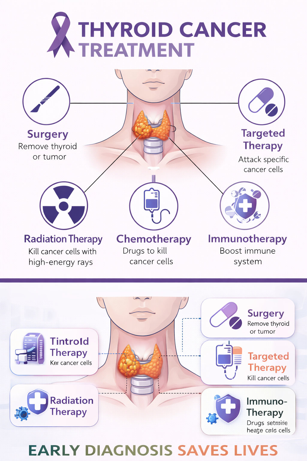 Thyroid cancer treatment infographic at Krishna Cancer Hospital Bhopal showing surgery, radiation therapy, chemotherapy, targeted therapy, and immunotherapy.
