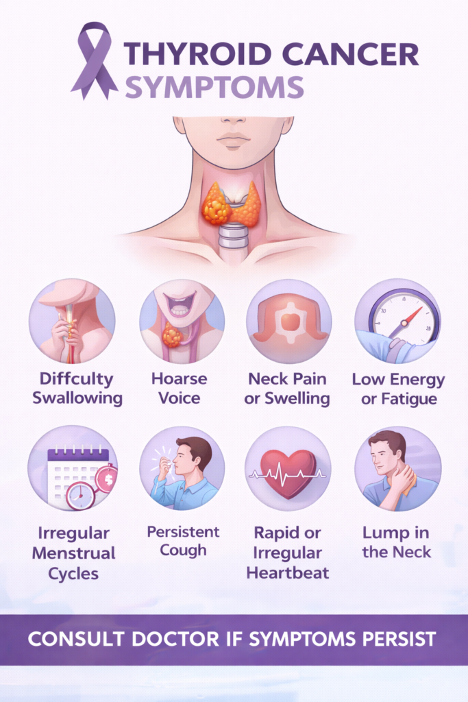 Thyroid cancer symptoms illustration showing neck swelling, difficulty swallowing, hoarse voice, and lump in neck.