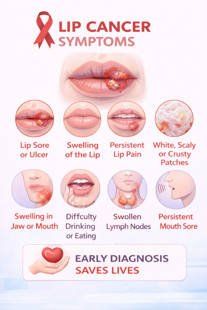 Lip cancer symptoms infographic by Krishna Cancer Hospital Bhopal