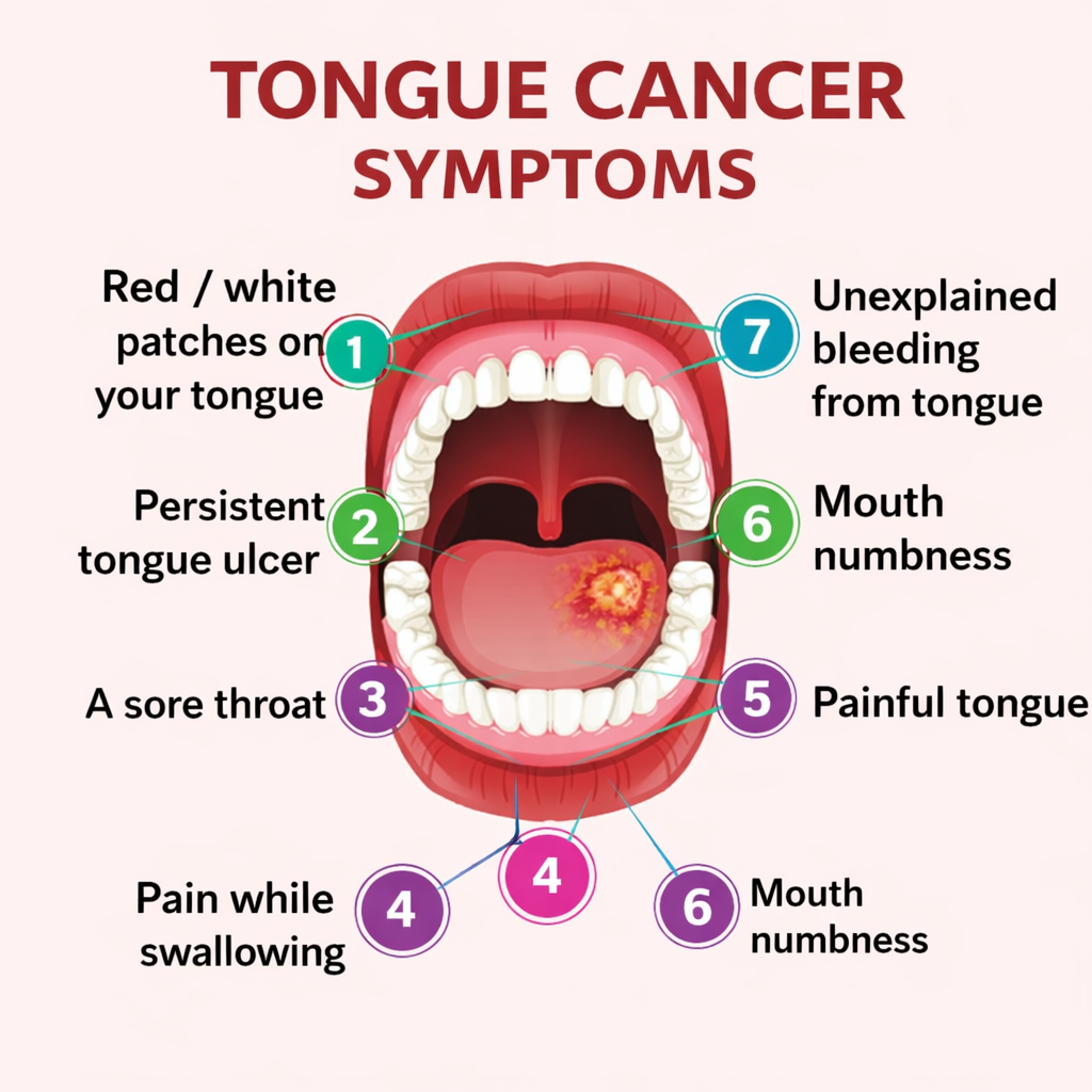Tongue cancer symptoms including red patches ulcers and bleeding explained by Krishna Cancer Hospital Bhopal