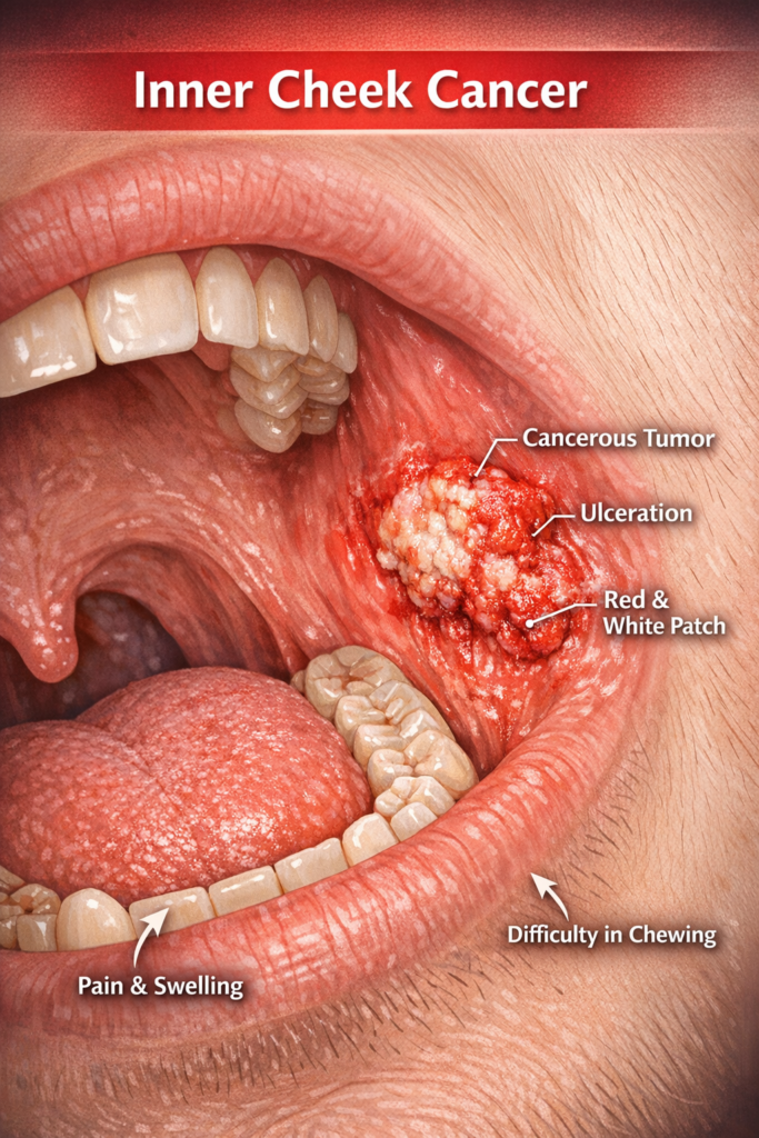 Inner cheek cancer tumor inside mouth examined at Krishna Cancer Hospital Bhopal
