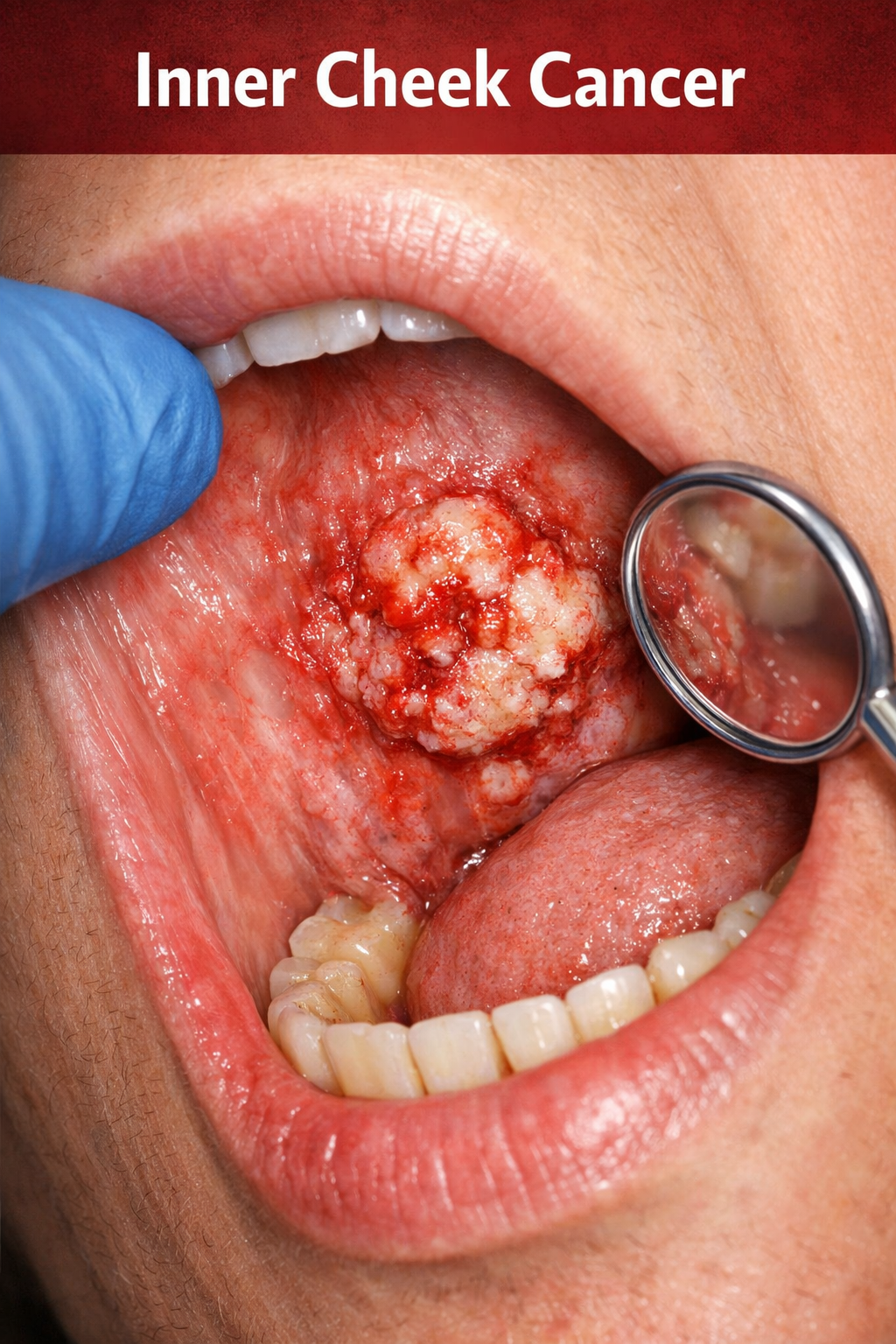 Inner cheek cancer tumor inside mouth examined at Krishna Cancer Hospital Bhopal