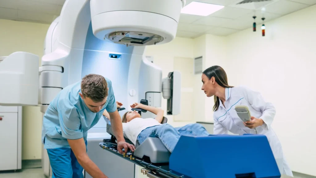 Breast cancer radiation therapy treatment being performed by doctors at Krishna Cancer Hospital Bhopal.