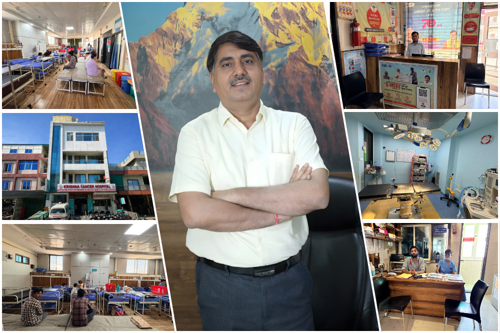 Dr Sunil Kumar at Krishna Cancer Hospital with modern cancer treatment facilities including operation theatre, patient ward, and hospital reception.
