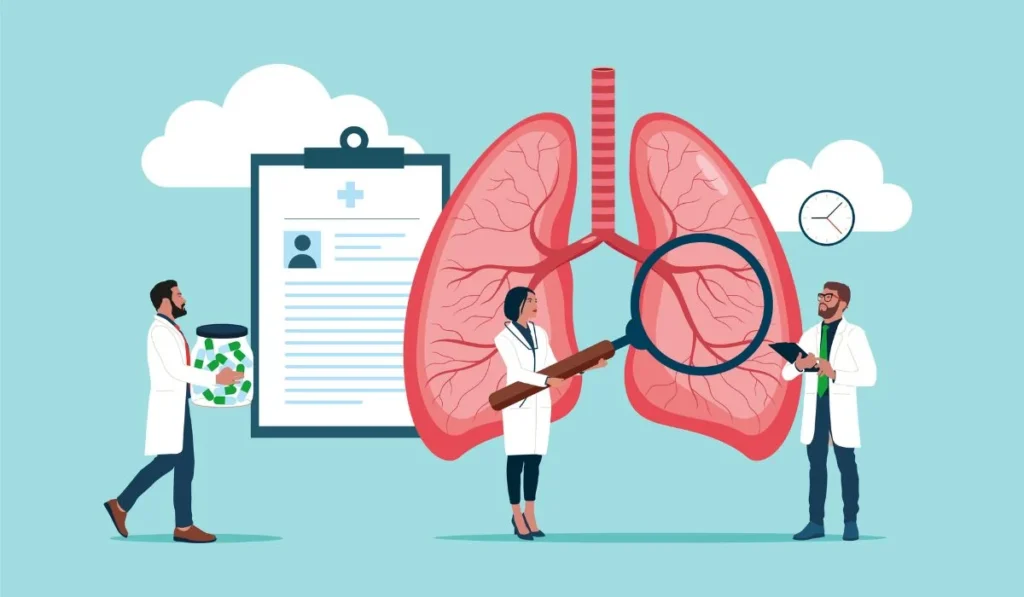 Doctors examining lungs for lung cancer diagnosis at Krishna Cancer Hospital Bhopal.